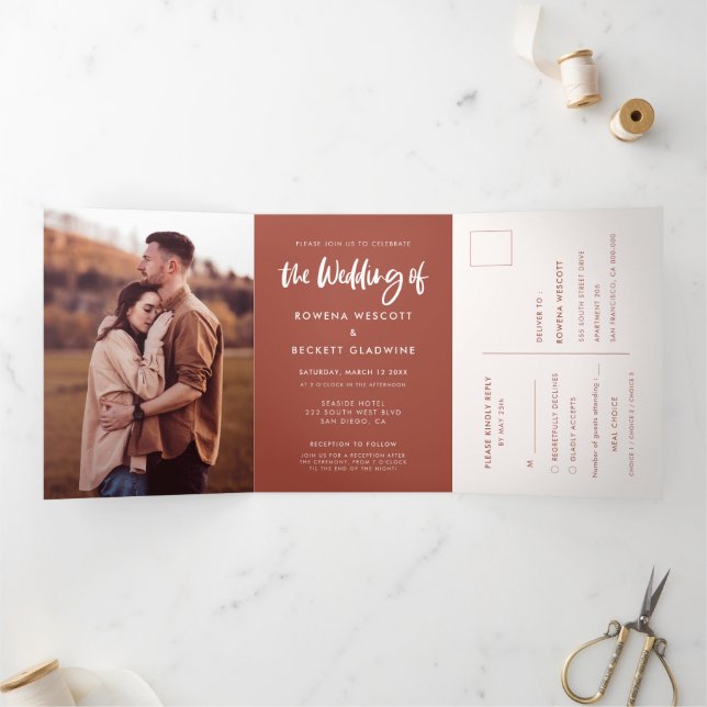 Modern elegant burnt brick wedding photo Tri-Fold invitation (Inside)