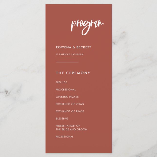 Modern elegant burnt brick wedding programme (Front)
