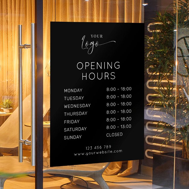 Modern Elegant Business Logo Black Opening Hours Window Cling (Shop opening times window cling sign in black with space for your logo)