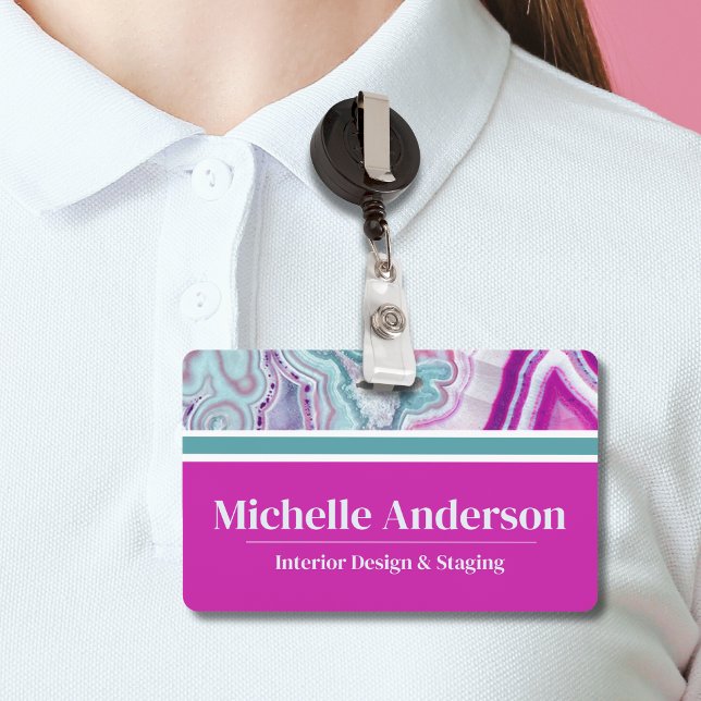 Modern Elegant Business Name ID Badge (Cute Monogram Initial Teal Magenta Agate Name Badge)