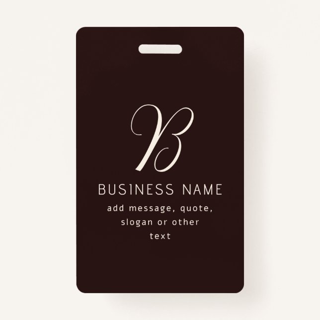 Modern Elegant Business Name Monogram | Dark Brown ID Badge (Front)