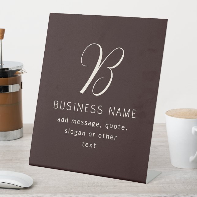 Modern Elegant Business Name Monogram | Dark Brown Pedestal Sign (In SItu)