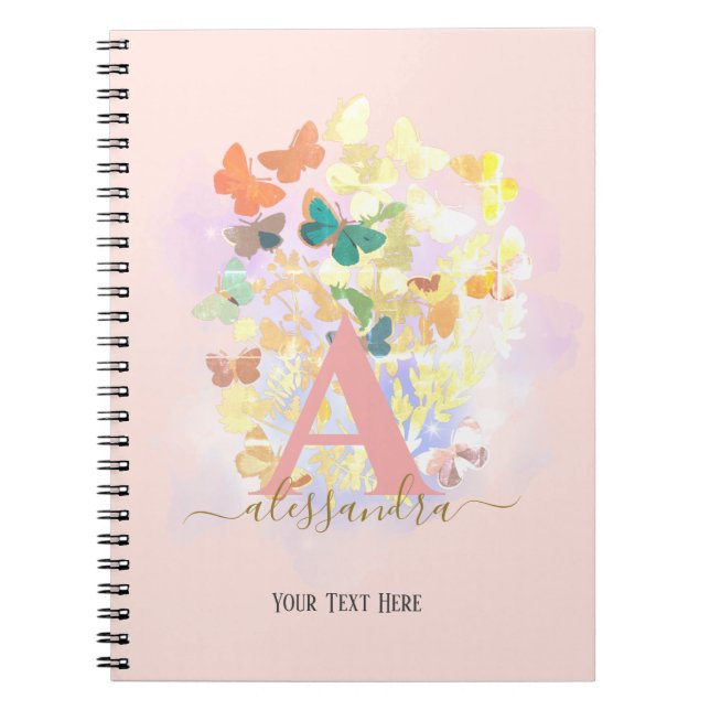 modern elegant butterfly monogram blush gold name notebook (Front)