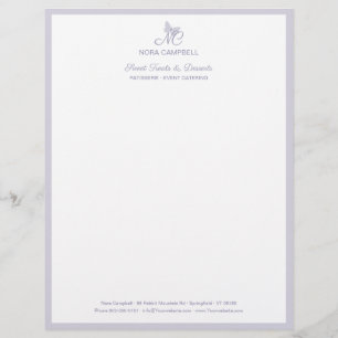 Modern Elegant Butterfly Monogram Lavender Border Custom Letterhead