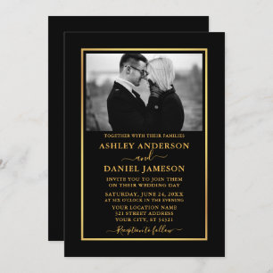 Modern Elegant BW Photo Gold Wedding Invitation