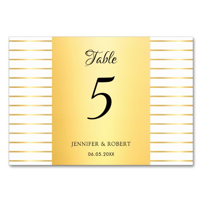 Modern Elegant Calligraphed Script Gold Striped Table Number (Front)