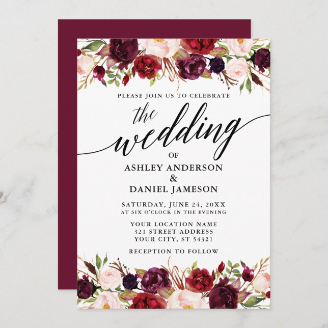 Modern Elegant Calligraphy Burgundy Floral Wedding Invitation (Front/Back)