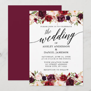 Modern Elegant Calligraphy Burgundy Floral Wedding Invitation