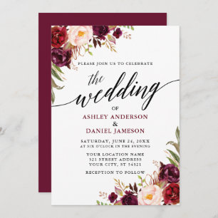 Modern Elegant Calligraphy Burgundy Floral Wedding Invitation