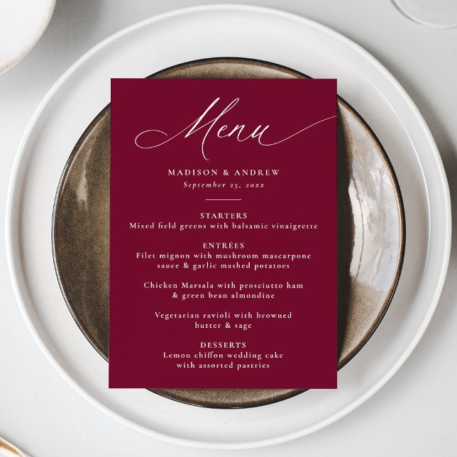 Modern Elegant Calligraphy Burgundy Wedding Menu (Creator Uploaded)