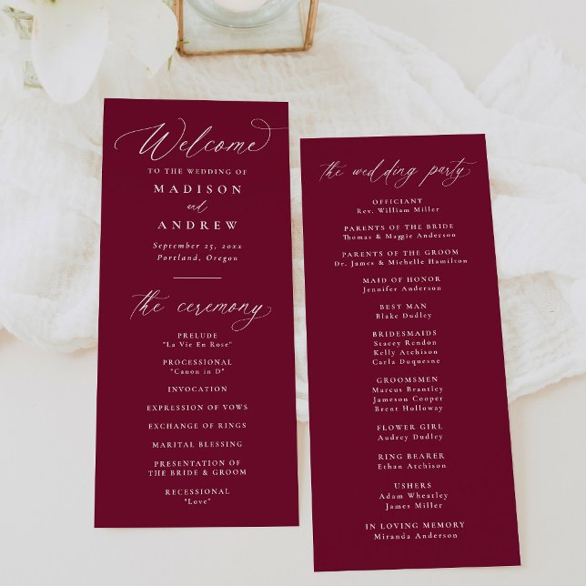Modern Elegant Calligraphy Burgundy Wedding Programme (Creator Uploaded)