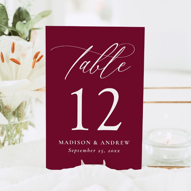 Modern Elegant Calligraphy Burgundy Wedding Table Number (Creator Uploaded)