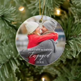 Modern Elegant Calligraphy Couple Photo Engaged Ceramic Tree Decoration