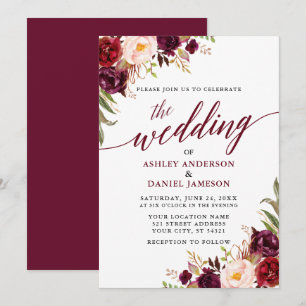 Modern Elegant Calligraphy Floral Burgundy Wedding Invitation