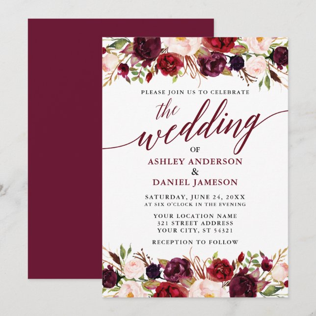 Modern Elegant Calligraphy Floral Burgundy Wedding Invitation (Front/Back)