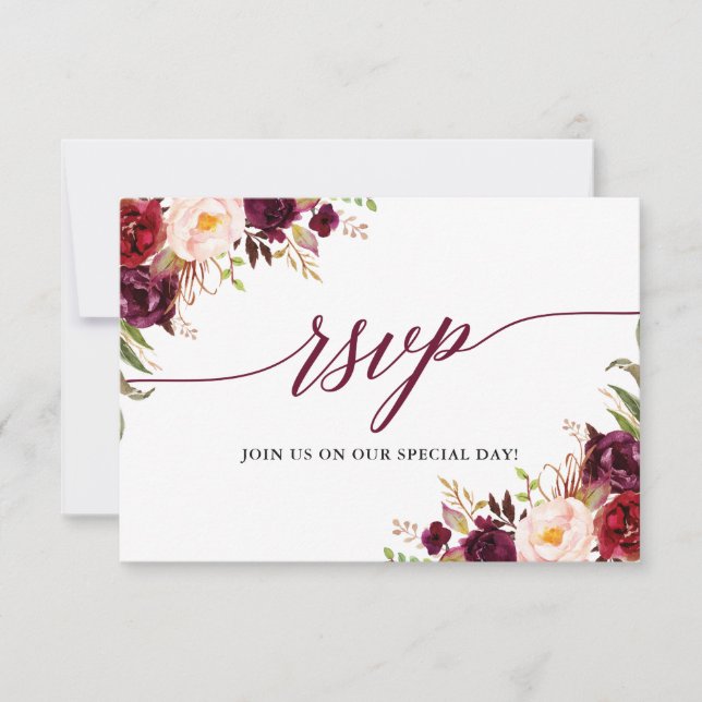 Modern Elegant Calligraphy Floral Burgundy Wedding RSVP Card (Front)