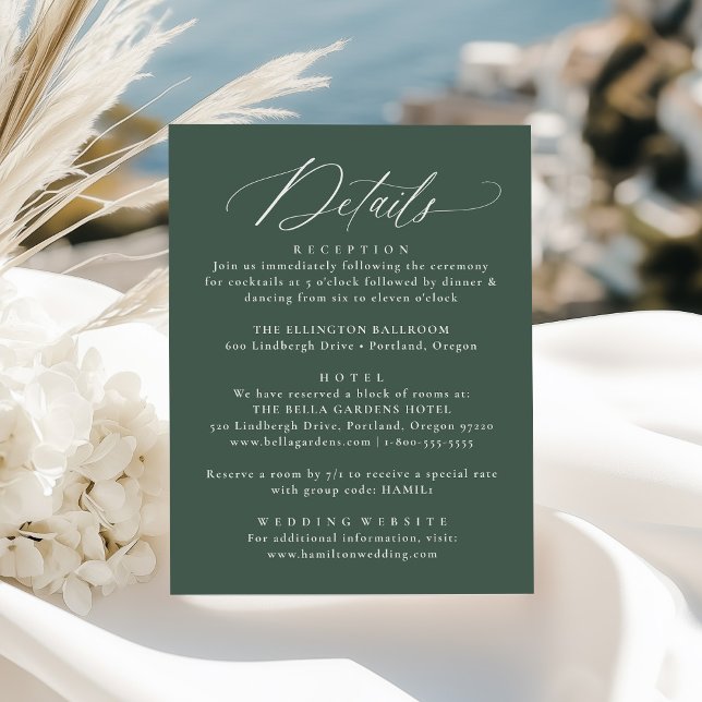 Modern Elegant Calligraphy Green Wedding Details Enclosure Card (Creator Uploaded)