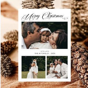 Modern Elegant Calligraphy Merry Christmas 4 Photo Holiday Card