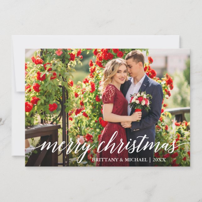 Modern Elegant Calligraphy Merry Christmas Couple Holiday Card (Front)