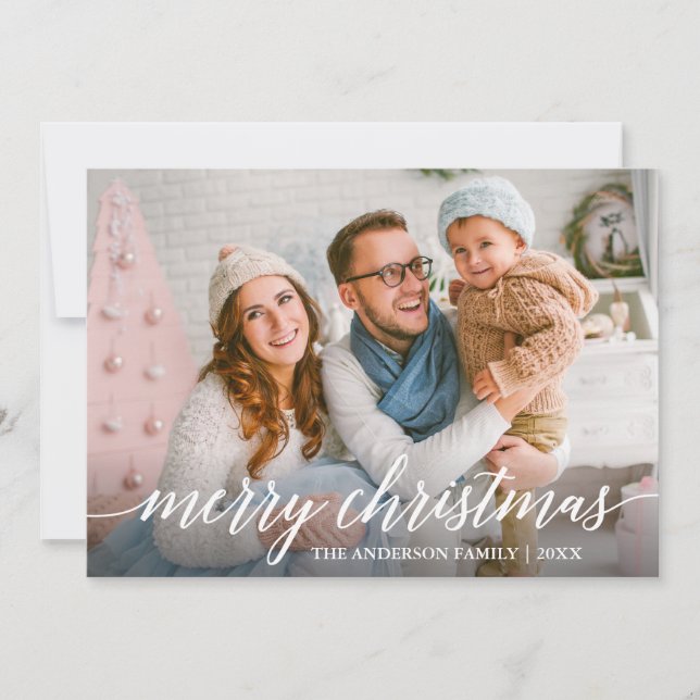 Modern Elegant Calligraphy Merry Christmas Family Holiday Card (Front)
