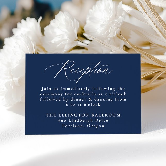 Modern Elegant Calligraphy Navy Wedding Reception Enclosure Card (Creator Uploaded)