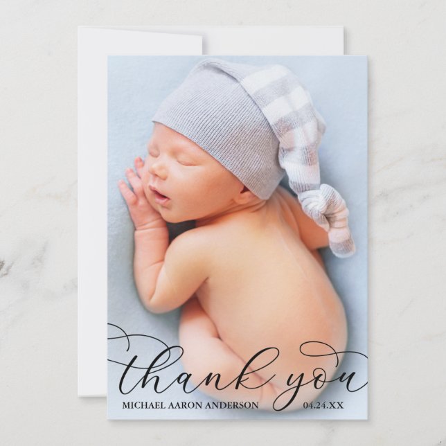 Modern Elegant Calligraphy New Baby Photo B Thank You Card (Front)