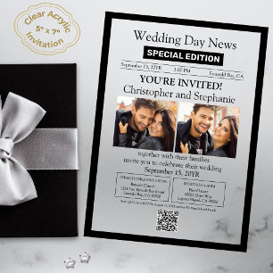 Modern Elegant Calligraphy Newspaper Wedding Acrylic Invitations