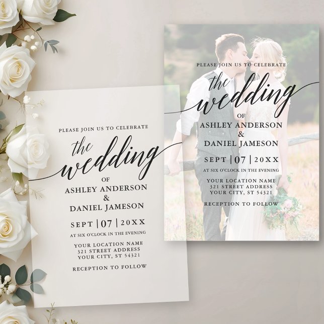 Modern Elegant Calligraphy Photo Overlay Vellum Invitations (Vellum Photo Overlay. Place this vellum paper over your 5x7 photo.)