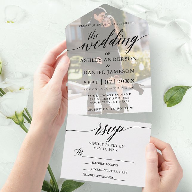 Modern Elegant Calligraphy Photo Overlay Wedding All In One Invitation (Creator Uploaded)