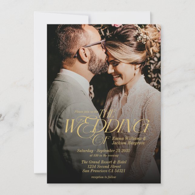 Modern Elegant Calligraphy Photo Wedding Gold  Invitation (Front)