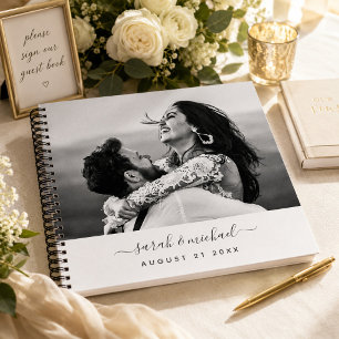 Modern Elegant Calligraphy Photo Wedding Guest Notebook