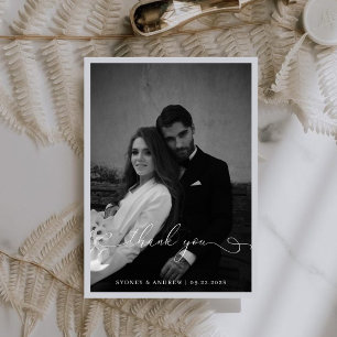 Modern Elegant Calligraphy Photo Wedding Thank You Card