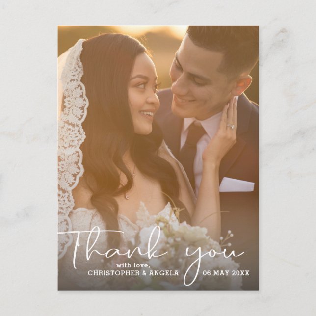 Modern Elegant Calligraphy Photo Wedding Thank You Postcard (Front)