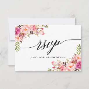 Modern Elegant Calligraphy Pink Floral Wedding RSVP Card