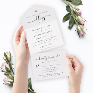 Modern Elegant Calligraphy Rose Gold Heart Wedding All In One Invitation