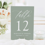Modern Elegant Calligraphy Sage Green Wedding Table Number<br><div class="desc">Elevate your wedding reception with our elegant table number cards, featuring graceful white calligraphy on a soft sage green background. This modern and sophisticated design adds a fresh, natural touch, making it perfect for weddings in any season, whether you're celebrating a spring garden affair or a cosy winter wedding. Personalise...</div>