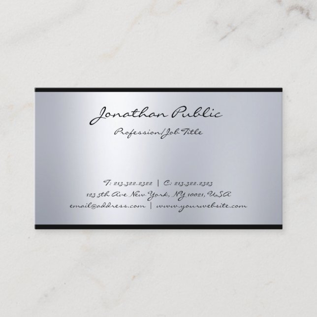 Modern Elegant Calligraphy Script Silver Top Plain Business Card (Front)