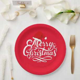Modern elegant calligraphy text santa hat red paper plate