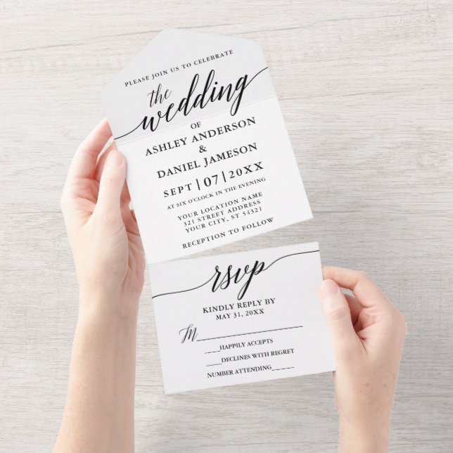 Modern Elegant Calligraphy Wedding Black and White All In One Invitation (Tearaway)