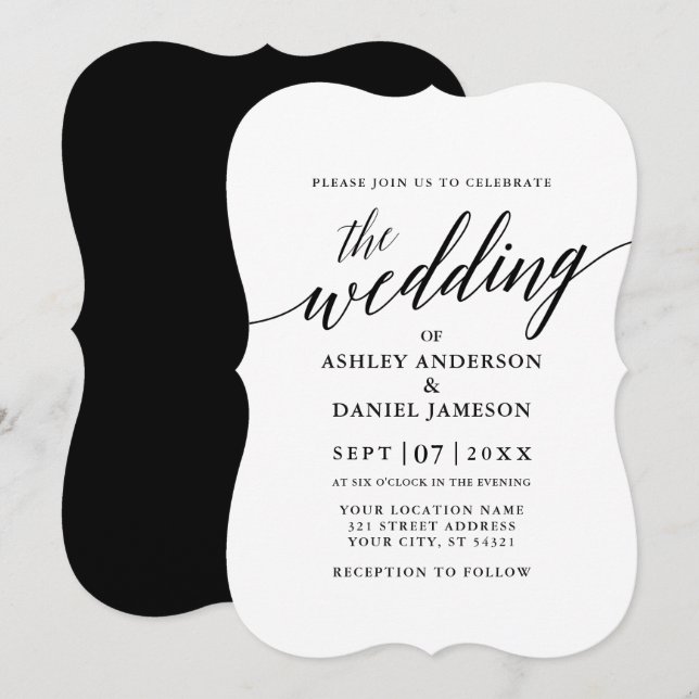Modern Elegant Calligraphy Wedding Black and White Invitation (Front/Back)