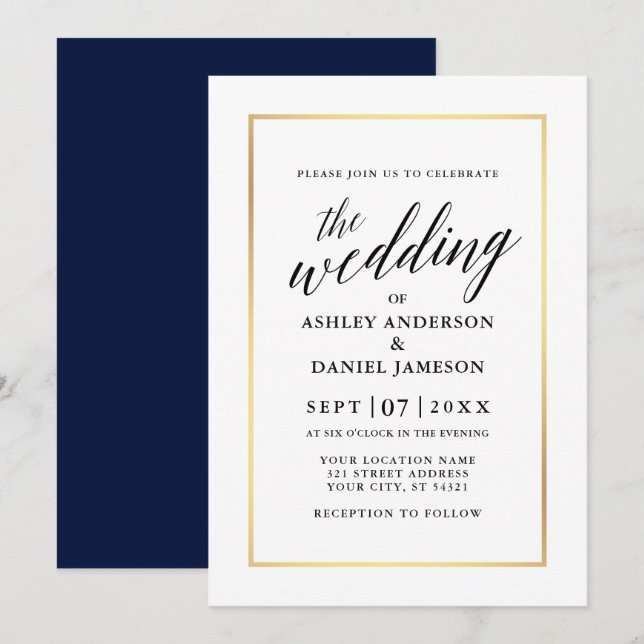 Modern Elegant Calligraphy Wedding Blue Gold Invitation (Front/Back)