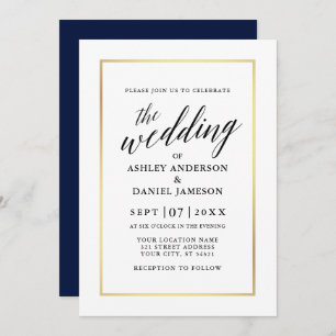 Modern Elegant Calligraphy Wedding Blue Gold Invitation