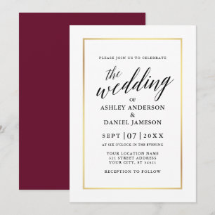 Modern Elegant Calligraphy Wedding Burgundy Gold Invitation