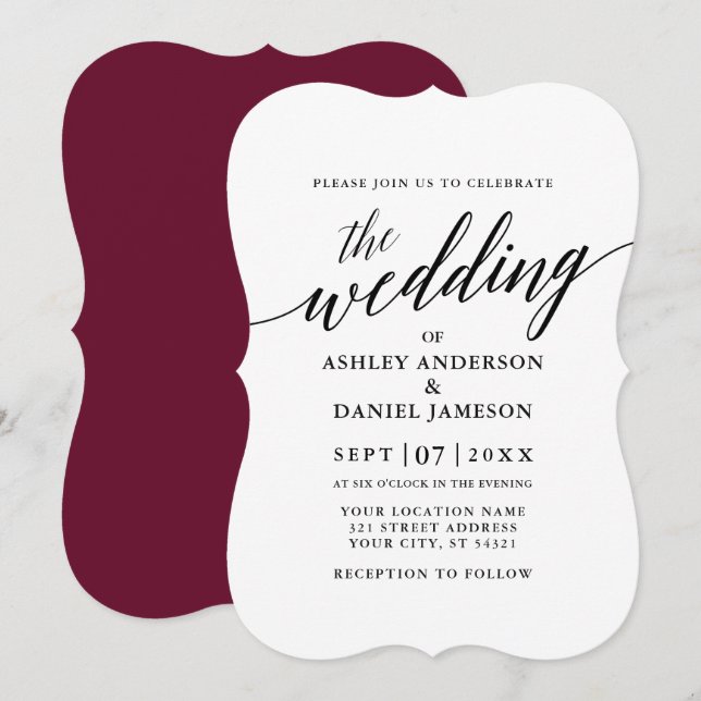Modern Elegant Calligraphy Wedding Burgundy Invitation (Front/Back)