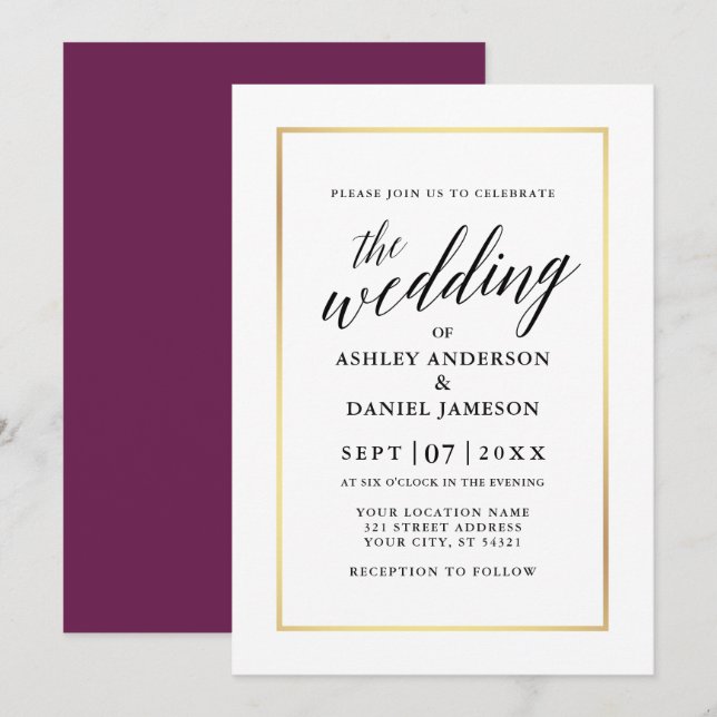 Modern Elegant Calligraphy Wedding Cassis Gold Invitation (Front/Back)