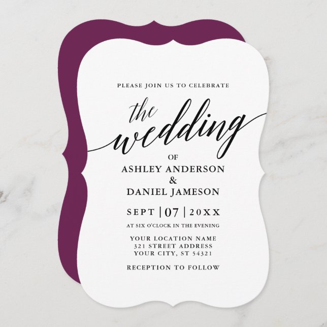 Modern Elegant Calligraphy Wedding Cassis Invitation (Front/Back)