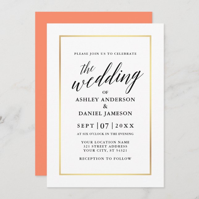 Modern Elegant Calligraphy Wedding Coral Gold Invitation (Front/Back)