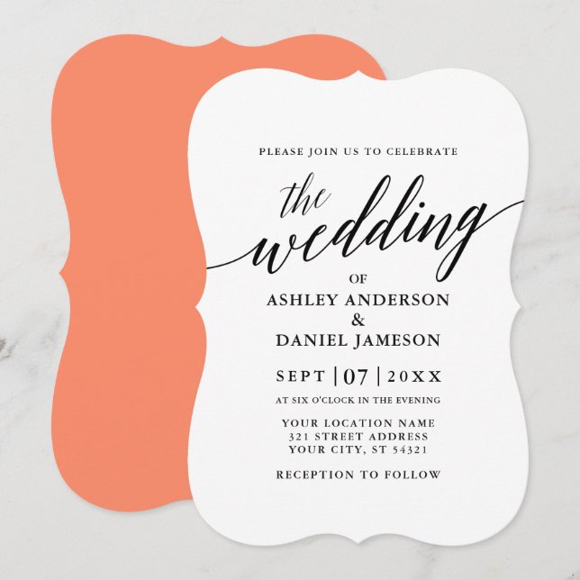 Modern Elegant Calligraphy Wedding Coral Invitation (Front/Back)