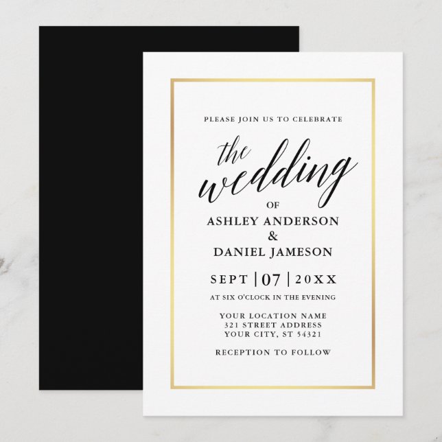 Modern Elegant Calligraphy Wedding Gold Frame Invitation (Front/Back)