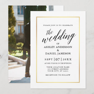 Modern Elegant Calligraphy Wedding Gold Photo Back Invitation
